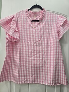NWT SHEWIN Pink Gingham Ruffle Sleeve Women's Top